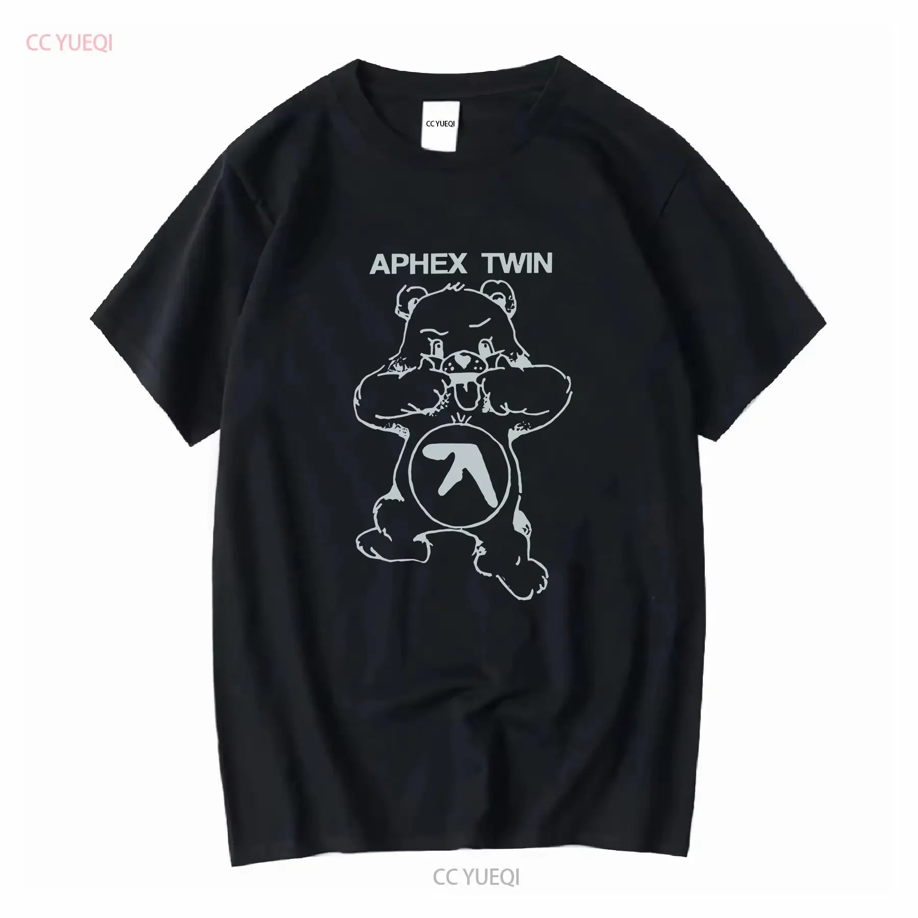Aphex Twin Bear logo basic black short sleeve T shirt cotton NH3940 vintage Washed Soft Stretched Comfortable streetwear