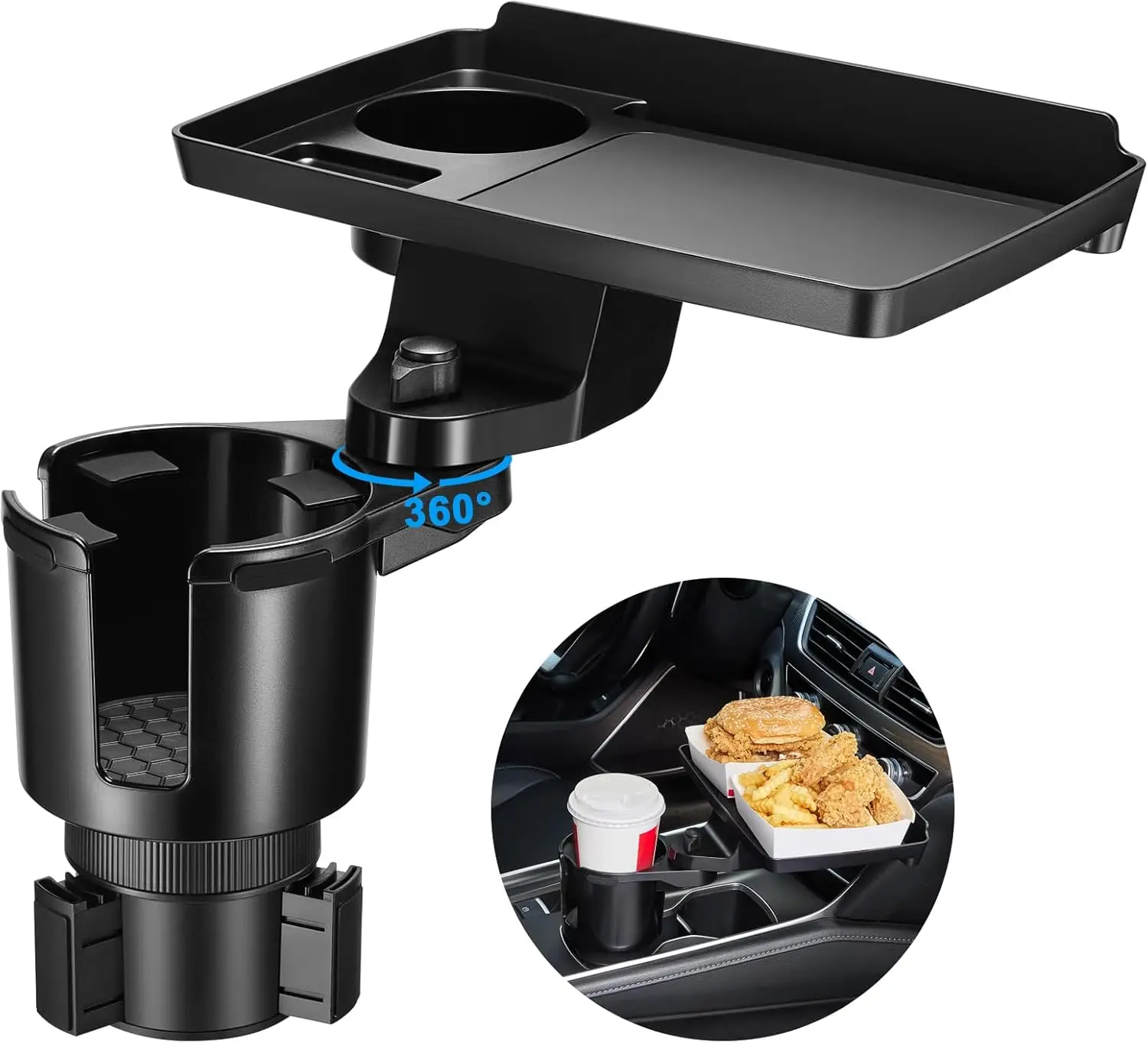 

2-in-1 Detachable Car Cup Holder Tray with 360° Rotation, Solid Base & Phone Slot for Travel Essentials