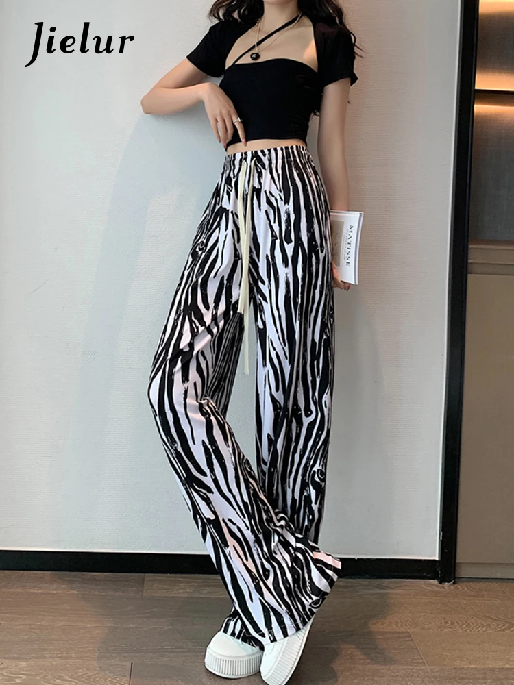 

Jielur Chic Straight Trousers Women Spring Zebra Print Wide Leg Pants Female Sexy High Waist Fashion Casual Trousers Streetwear