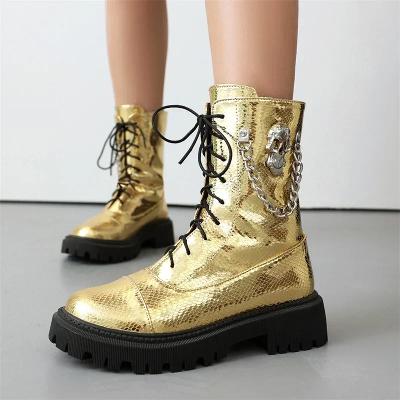 Silver Skull Chain Platform Ankle Boots Women Medium Thick Heels Gold Bling Party Cosplay Punk Lady Vintage Lace-up Short Boots