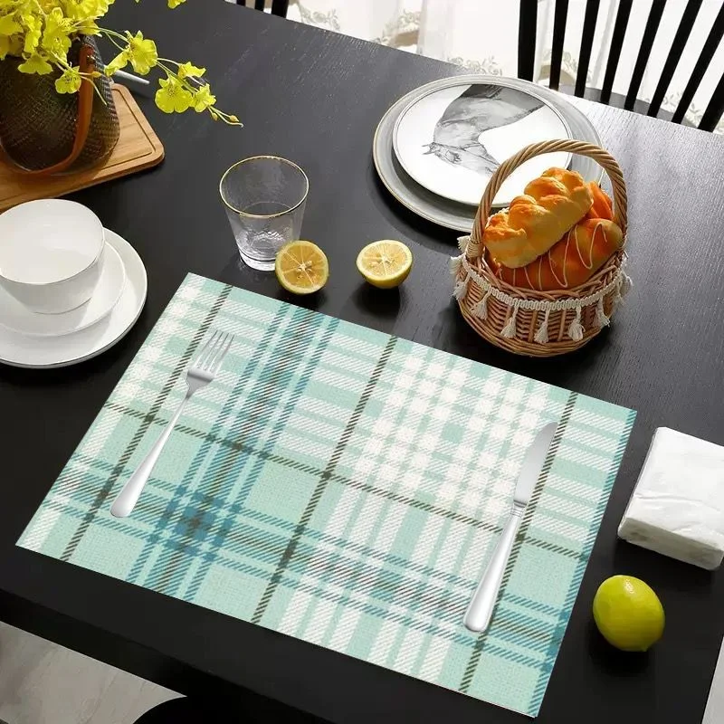 VIKAMA Mint Blue White Plaid Placemats Light Tartan Table Mat Minimalist Style Washable Waterproof Dining Kitchen Mat
