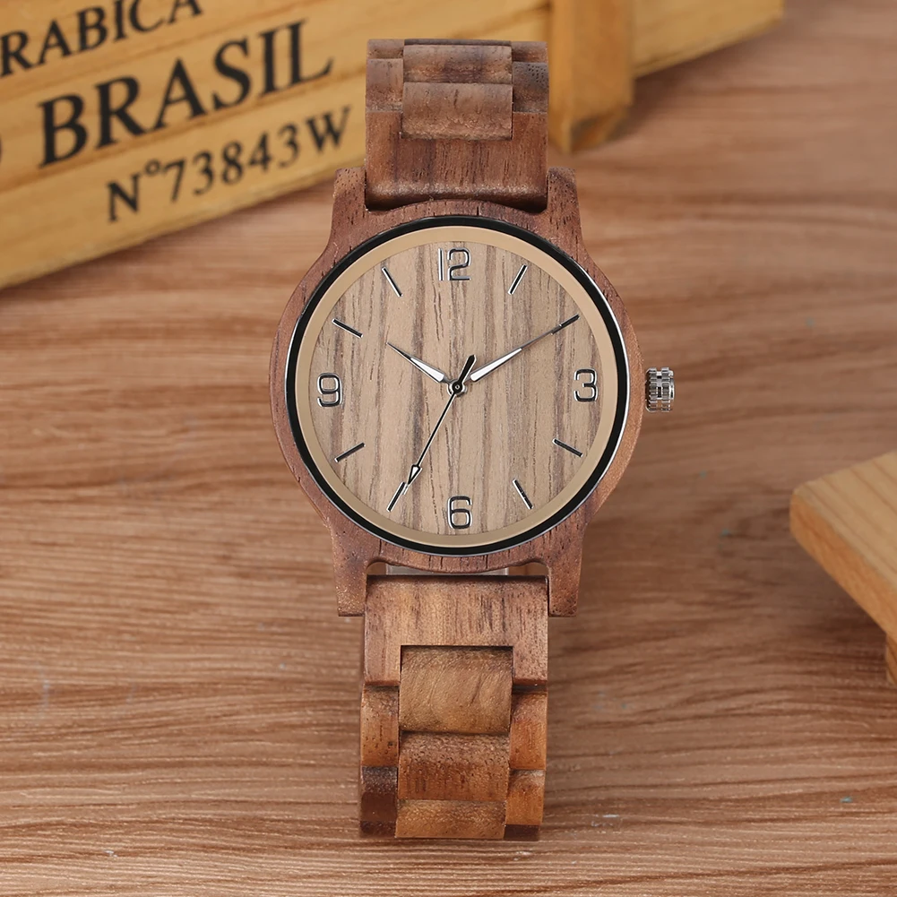 Elegant Vintage Arabic Numerals Dial Full Wooden Quartz Men Watches Folding Clasp Wood Band Men's Wristwatches Casual Fashion