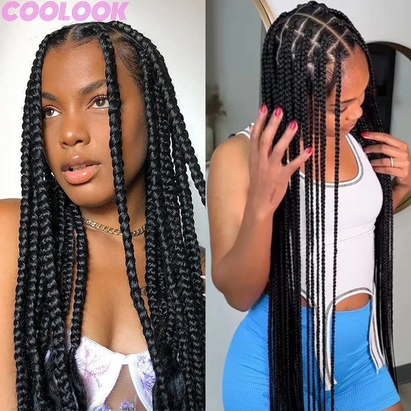 Synthetic Black Full Lace Square Braided Wig Distressed Goddess Lace Frontal Braids Wig 36 Inch Box Braid Wigs for African Women