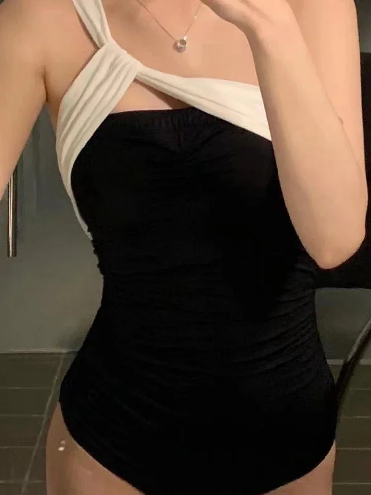 UETEEY, traje de baño de una pieza con textura de estilo coreano para mujer, traje de baño Sexy de media manga para resort recreativo, traje de baño de una pieza