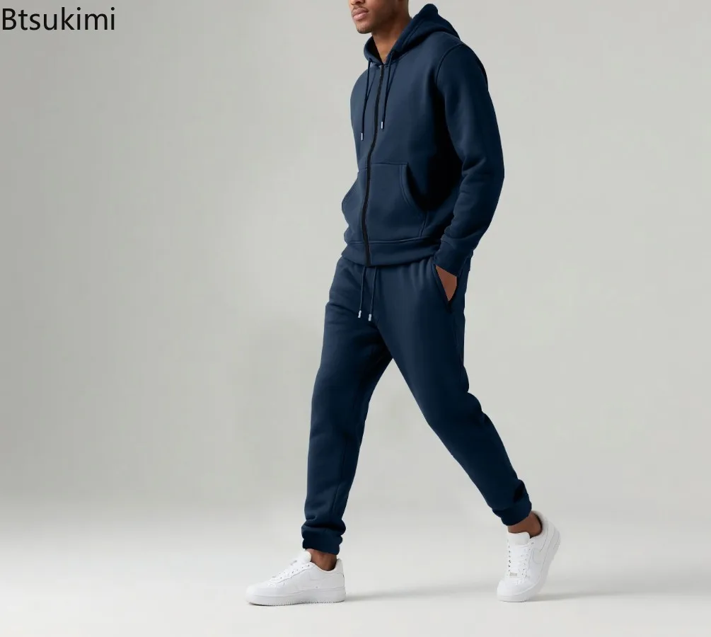 New Autumn Winter Men's Long Sleeve Pants Casual Sports Sets Fleece Warm Tracksuits Hooded Sweatshirts Sweatpants Two Piece Sets