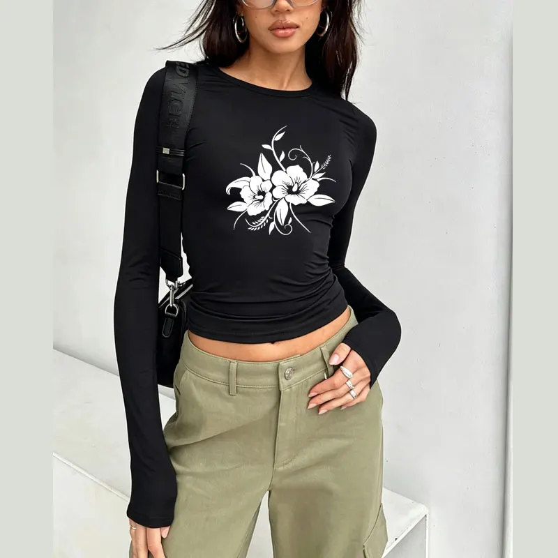 Tender and Beautiful In Full Bloom Flower Spring Autumn Women Long Sleeve Crop Tops O Neck Pullovers Tees Slim Fit T-Shirt