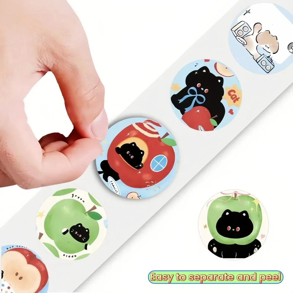 500 قطعة من لفة ملصقات القطة السوداء والتفاح كاواي - 14 أنماط لطيفة لمخطط سجل القصاصات بنفسك والهدايا لمحبي القرطاسية