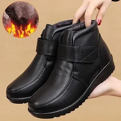 Winter Women Genuine Leather Flat Casual Ankle Boots Female Thick Plush Warm Snow Boots Mother Waterproof Non-slip Booties