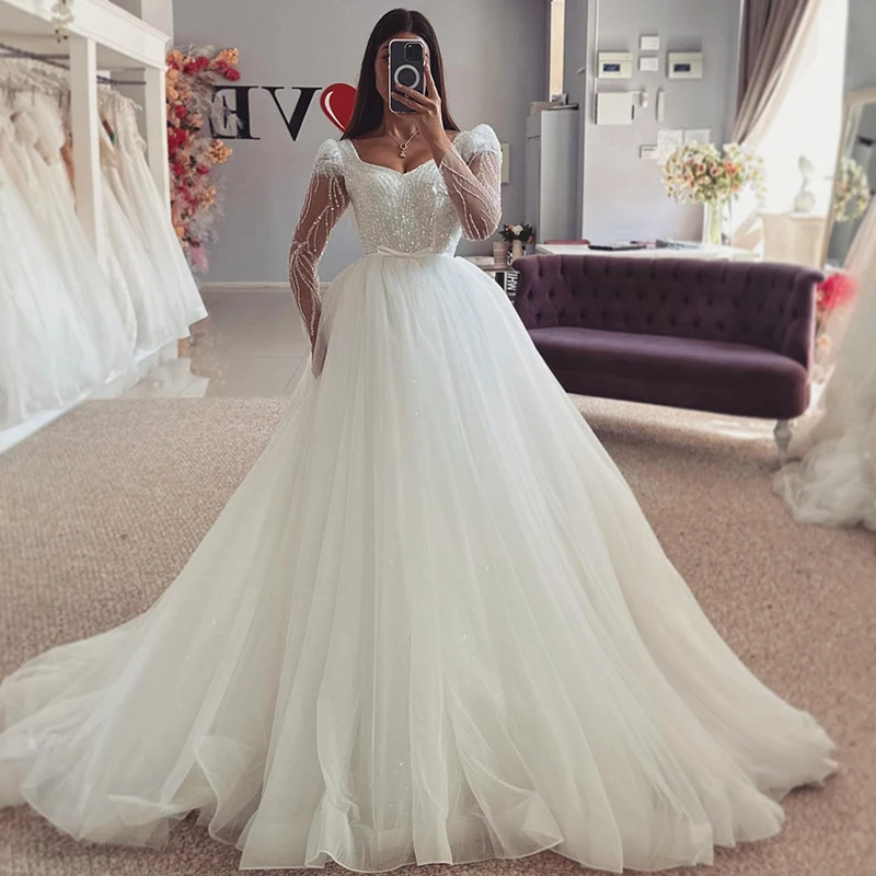 Eightree Boho A-Line Wedding Dresses Long Sleeve Glitter Tulle Bridal Dress Elegant Princess Evening Wedding Gowns Custom Size