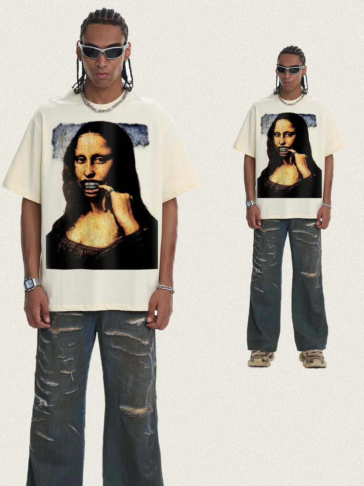 Summer Heavyweight Cotton Crew-Neck T-Shirt Short-Sleeve Vintage American Style Parody Mona Lisa Print Casual Graphic Tee