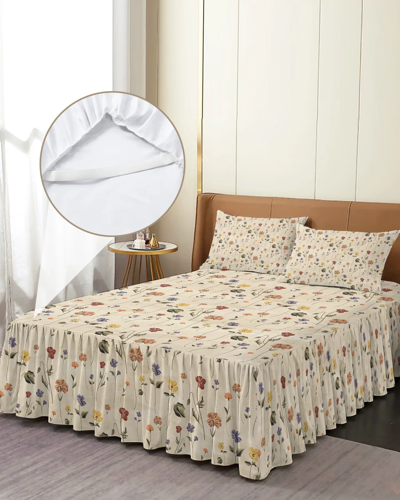 

Retro Floral Wildflowers Bed Skirt Elastic Fitted Bedspread With Pillowcases Bed Protector Mattress Cover Bedding Set Bed Sheet