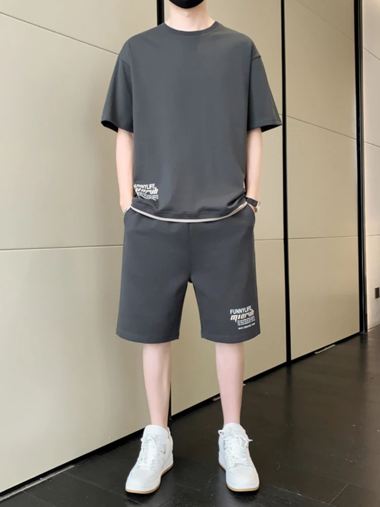 

High-End Men's ort-Sve orts Set Running Fitn Summer Sportswear Two-Piece Suit Polyester Spandex Blend Youth Faion