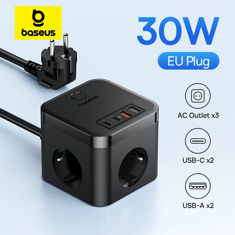 Baseus 30W Charger Fast Power Strip 3AC Outlet Desktop Charging Station With Surge Lightning Protection For iPhone 16 15 Tablets