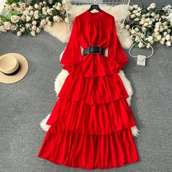 Retro Ruffle Pleated Elegant O Neck Dress Puff Sleeve Casual  High Waist  Dress Women Summer Dress