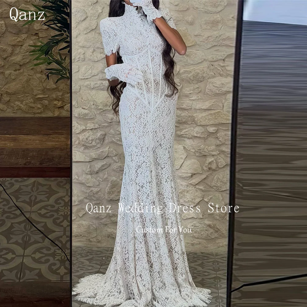 Qanz Elegante Damen-Hochzeitskleider Brautkleid mit hohem Kragen, Spitzenapplikationen, Meerjungfrauen-Schnitt, Vestido De Novia, kurzen Ärmeln, Brautkleider nach Maß