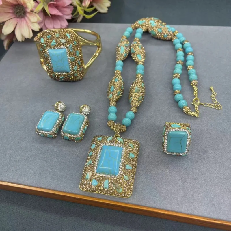 

New Turquoise Necklace, Earrings, Rings, Bracelets, Women'S Jewelry Set, Exaggerated Luxury Clothing, Dress Accessories