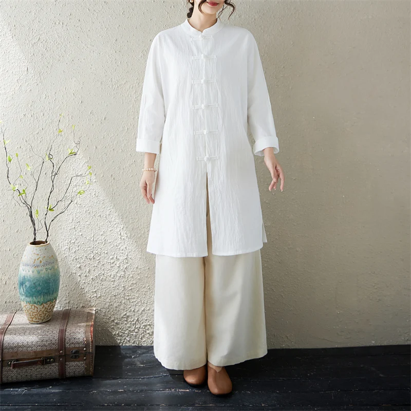 

New Chinese Style Cotton Linen Zen Tea Shirt Women's Dao System Top Tai Chi Shirt Mid-Length Shirt National Style Workwear