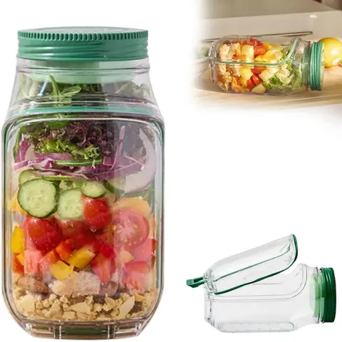 Cápsula de salada portátil do frasco de pedreiro, recipiente de salada aberto lateral com compartimento de molho à prova de vazamento, refeição reutilizável do frasco do almoço da via