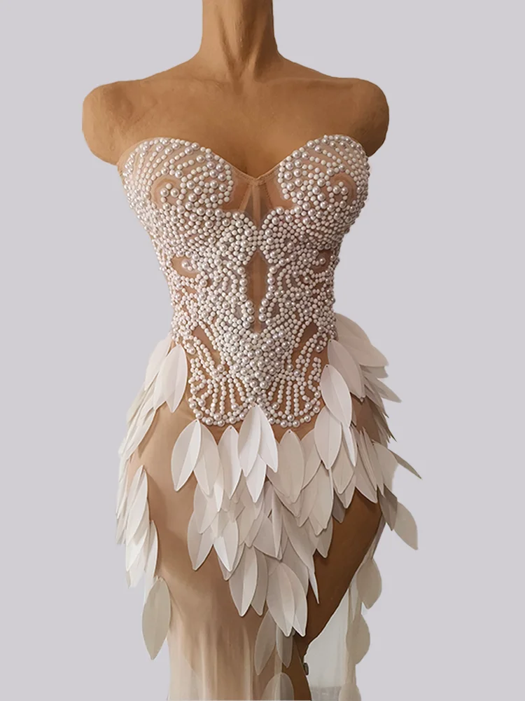 New Women Event Costume White Pearls Long Dress Drag Queens Stage Costumes Show Girl Singer Birthday Prom Party Wedding Clothes