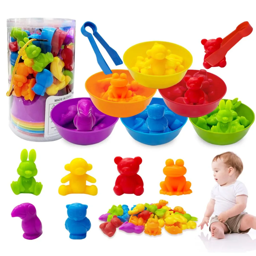

Counting & Sorting Animal Toys for Toddlers, Color Matching Educational Set with Bowls & Tongs, Preschool Learning Toy