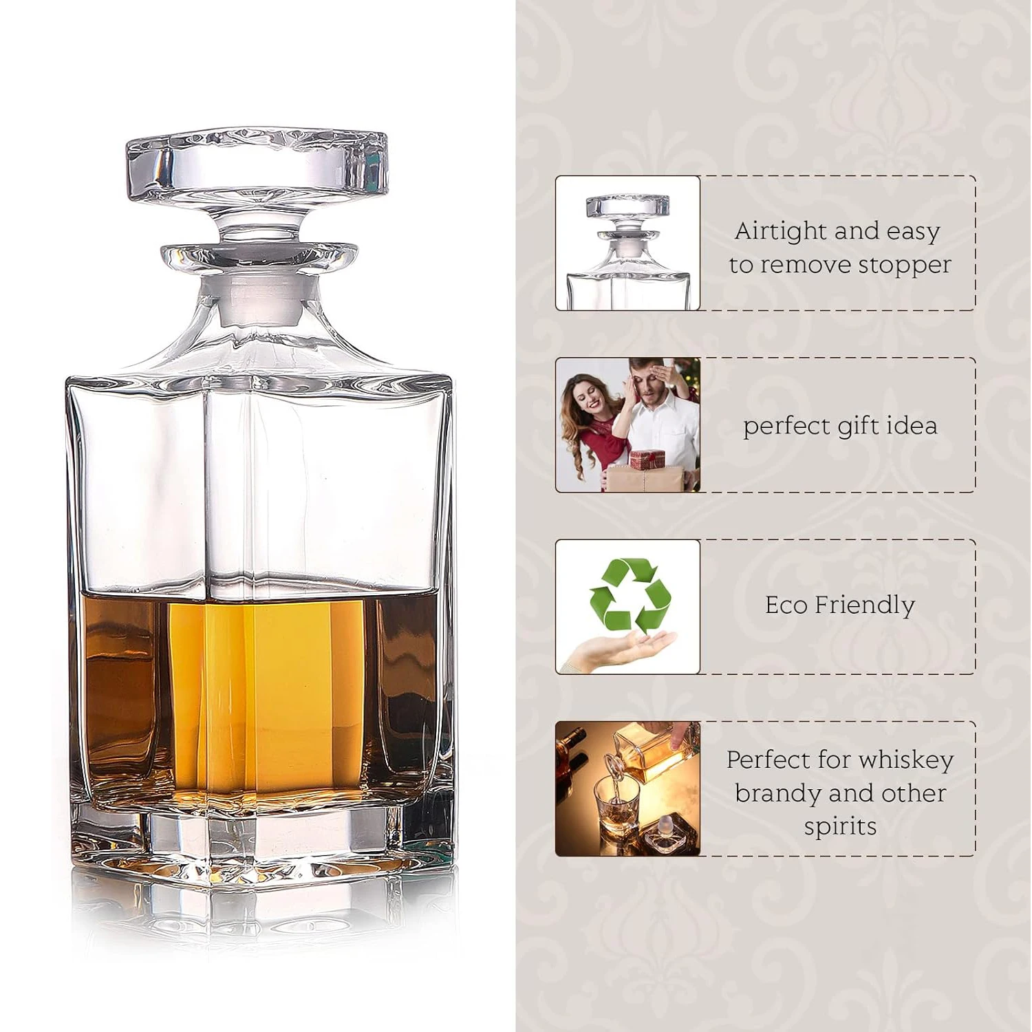 Glass Decanter - Whiskey Decanter for Wine, Bourbon, Brandy, Liquor, Juice, Water, Mouthwash (25.4 oz/750ml)