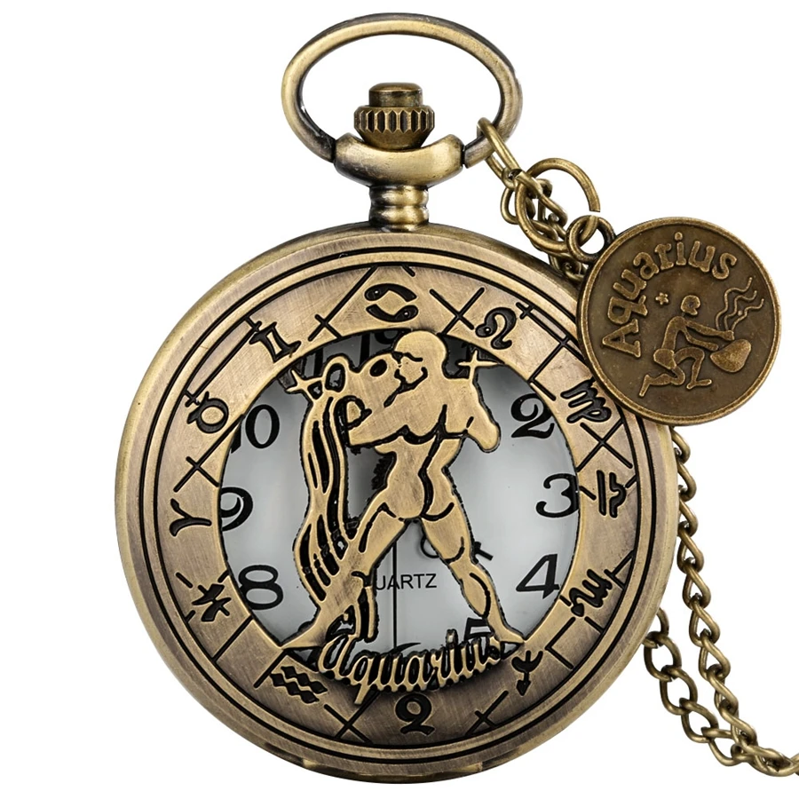 Antique Aquarius Bronze 12 Zodiac Signs Quartz Pocket Watch Zodiac Signs Jewelry Pendant Necklace Clock with Aquarius Accessory