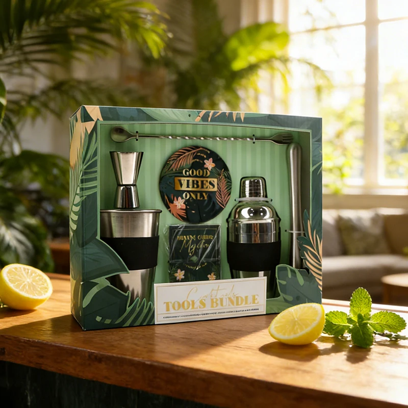 

Набор премиум-класса из 8 предметов для приготовления коктейлей: шейкер из нержавеющей стали с силиконовым чехлом, буклет с рецептами, подставка — незаменимые инструменты для бармена