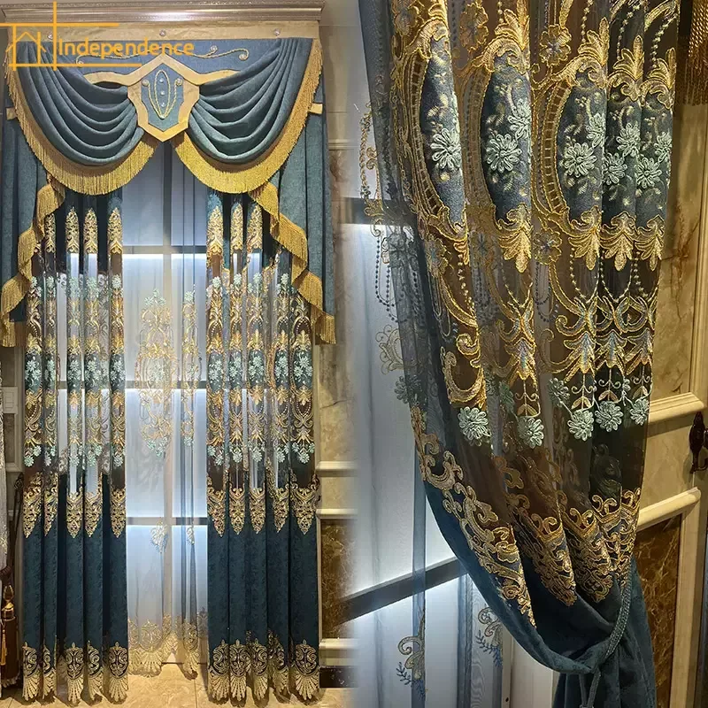 

Customized Blue Hollowed Out Embroidered Window Screen of Villa Chenille Curtains for Living Room Bedroom French Window Balcony