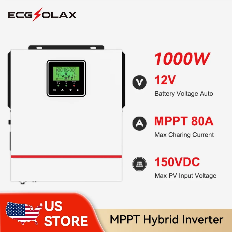 

ECGSOLAX 1KW Hybrid Solar Inverter 12V 220V Solar Hybrid Controller Inverter Built-in 80A MPPT Off-grid Hybrid Inverter