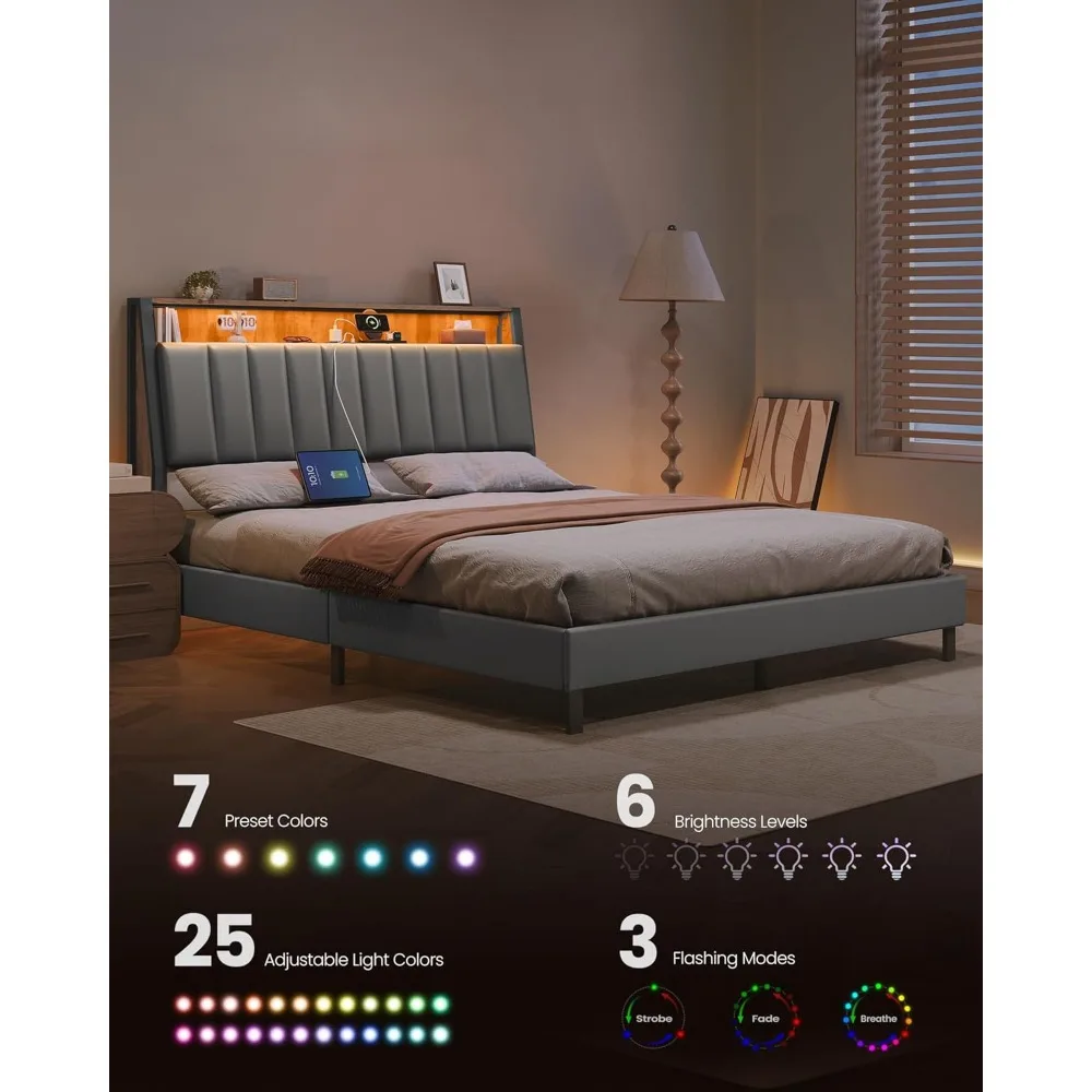 LED Bed Frame Queen Size, Storage Headboard and Charging Station, Queen Bed Frame with 2 AC Outlets, 1 USB Port, Bed Frames