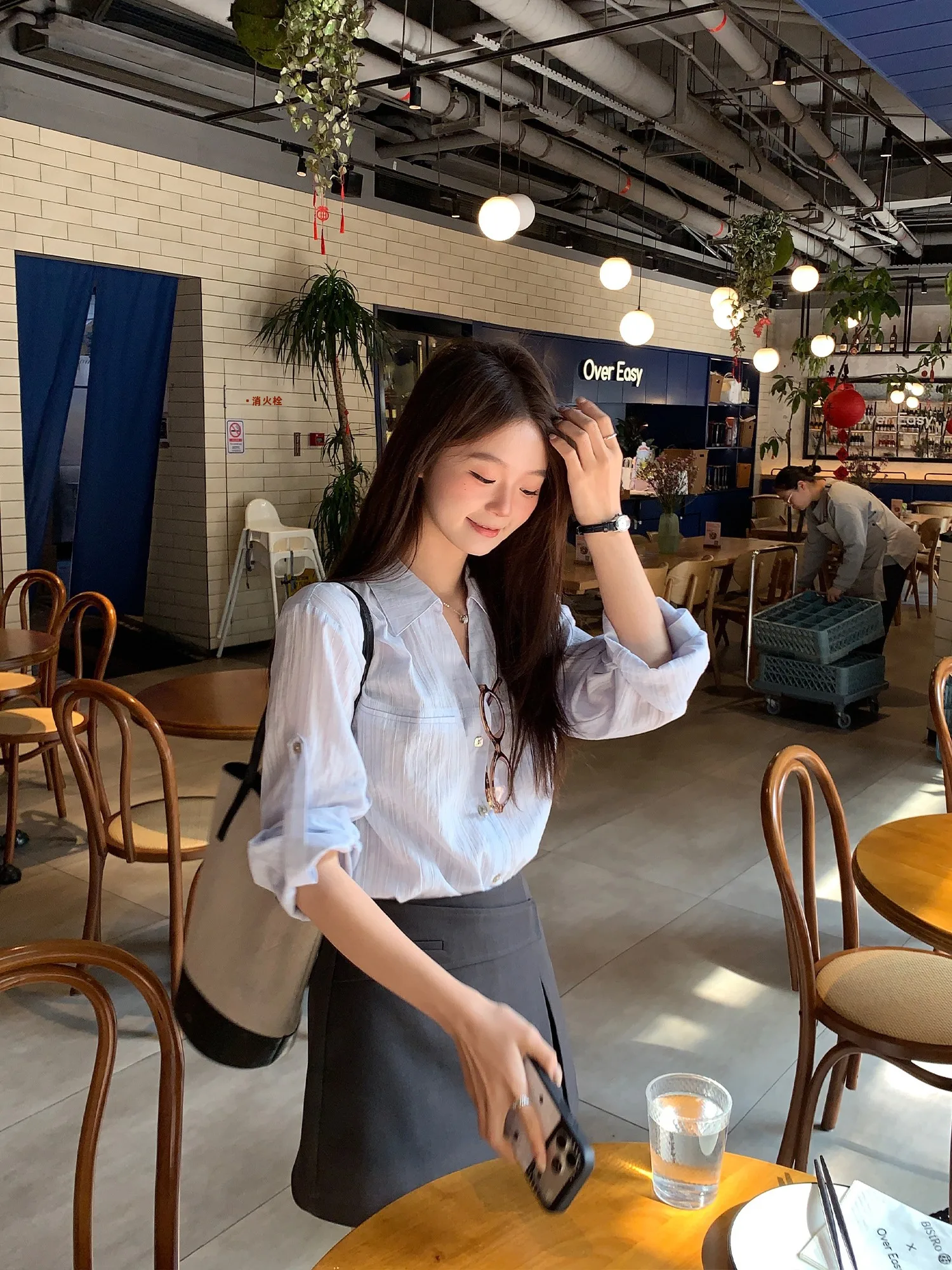 

Ele Striped Long Sve irt Commute Design Korean Sle Cotton Women's Spring Faionable Top Small Size Early Spring