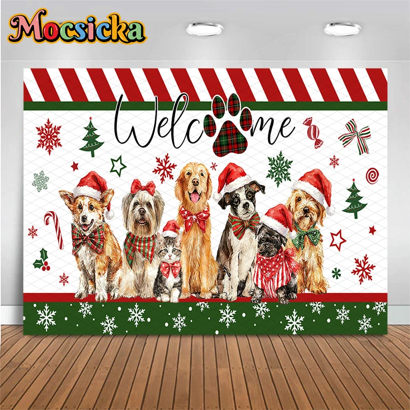 Mocsicka Welcome Christmas Backdrop Cute Dogs Kitten Santa Border Snowflake Xmas Tree Candy Pet Lover Winter Shooting Background
