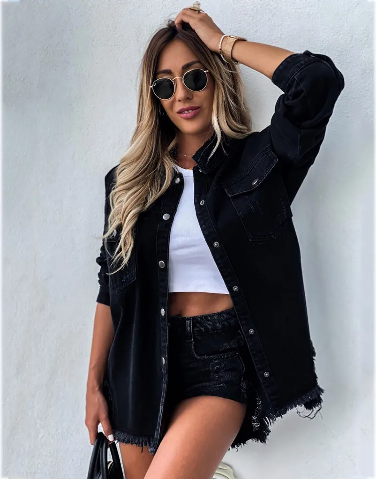 Popular spring items in Europe and America, including ripped denim jackets, washed vintage jackets, and long sleeved women's jac