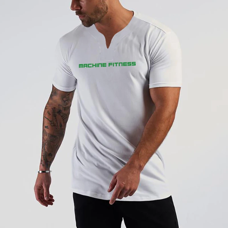 

Mens Sport Short Sleeve Cotton T-shirts Gym Fitness Bodybuilding Workout Muscle Clothing Summer Breathable Casual V-neck Shirts