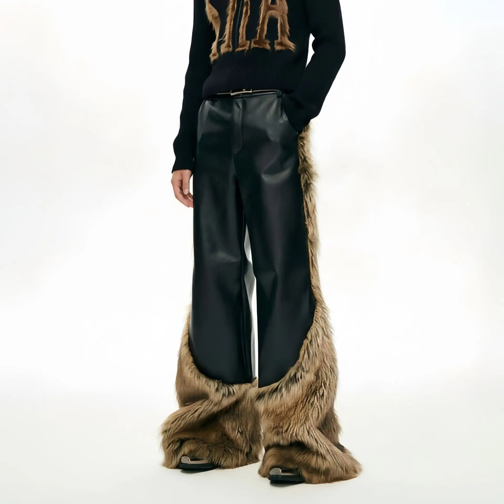 Men's Fashion Winter Faux Leather Pants With Fur Patchwork Elegant Flare Trousers Loose Fit Bell Bottom Buut Cut Pants Windproof