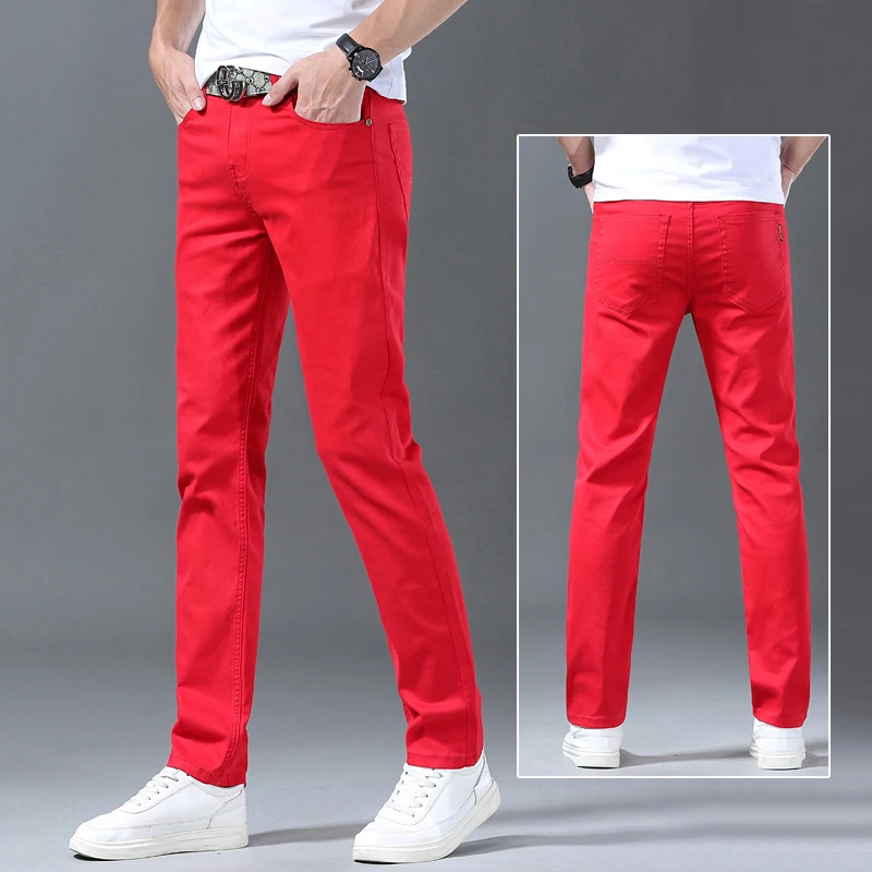 New Men's Denim Pants Trend Temperament Casual Jeans Elastic Straight White Red Black Cool Trousers For Male