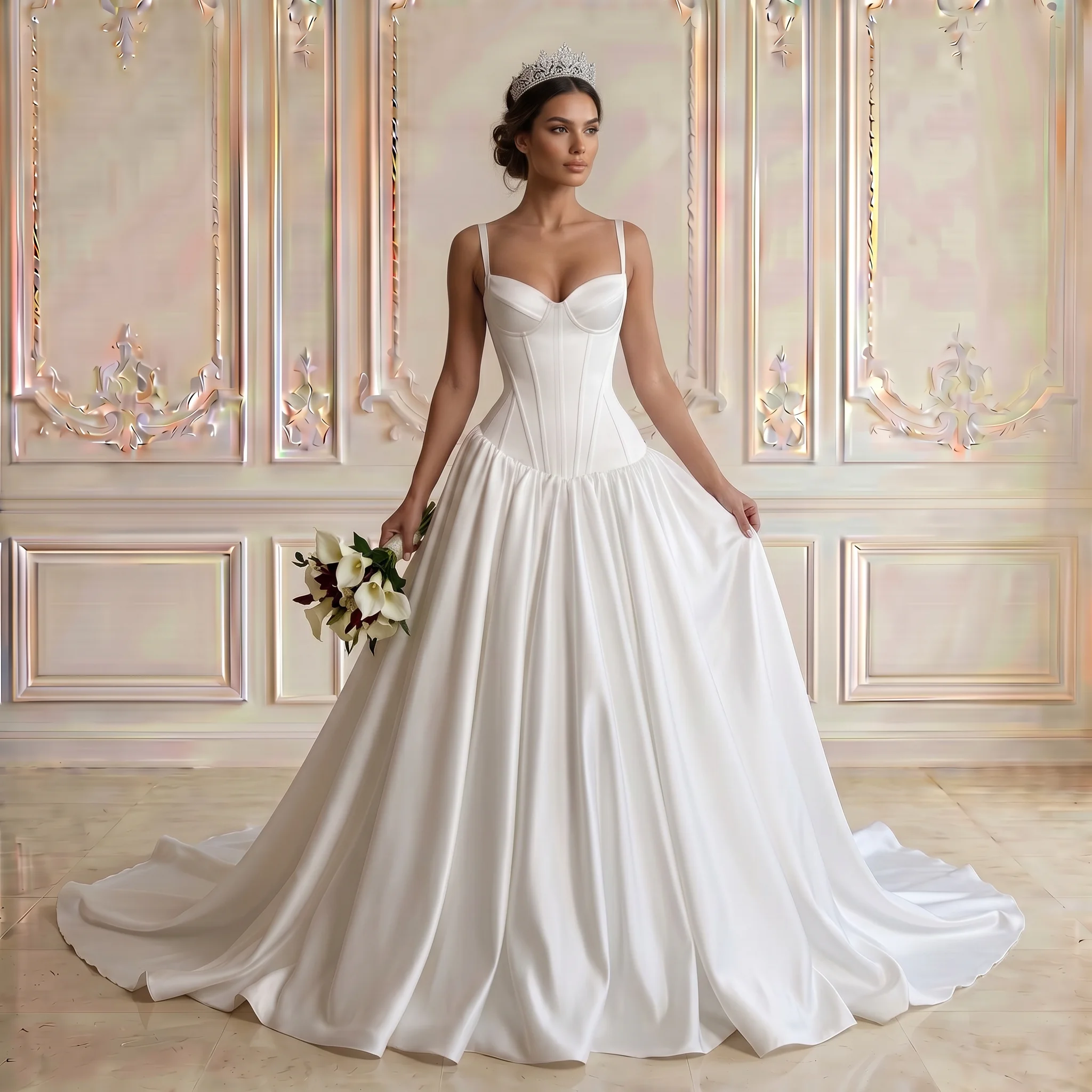 Spaghetti Strap Corset Satin A Line Wedding Dress Structured Bodice Lace Up Back Flowing Chapel Train Minimalist Bridal Gown