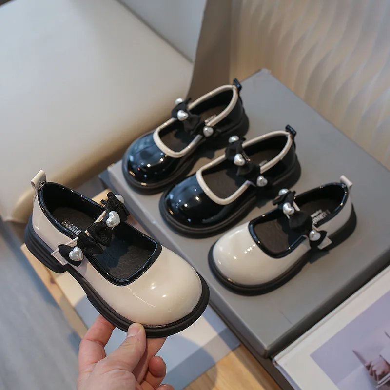 

New Sweet Girl Princess Shoes Cute Pearl Bowknot Fashion Glossy Kids Leather Shoe Spring Autumn Causal Children Mary Jane Shoes