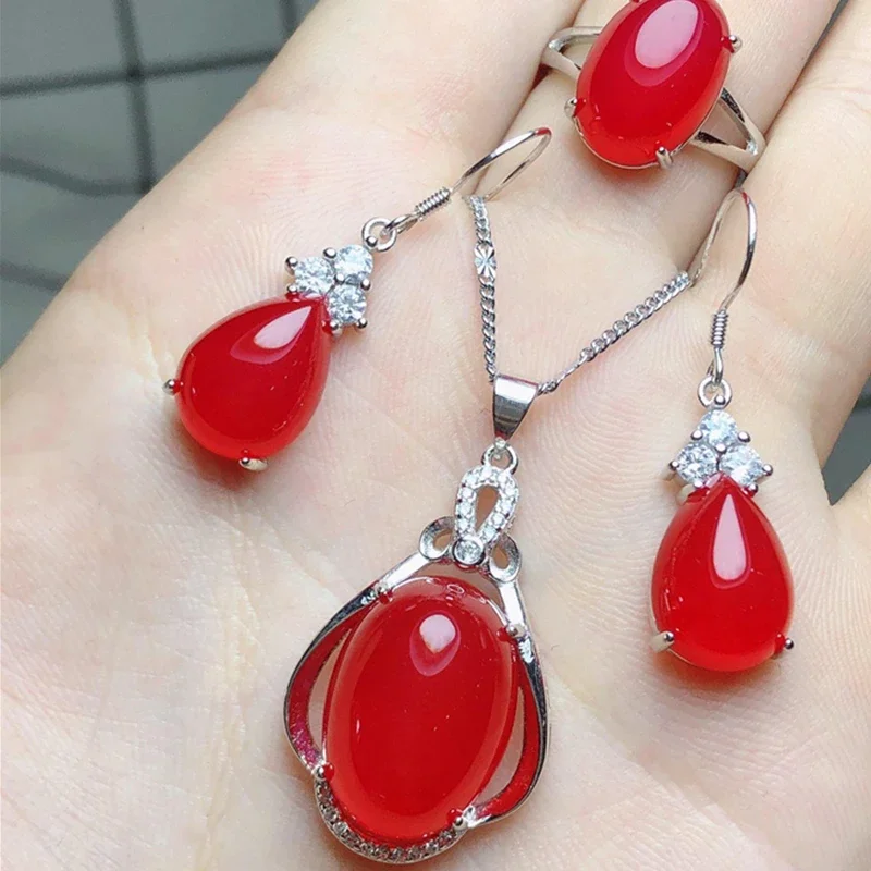 

Red chalcedony three piece set 925 silver inlaid agate jade necklace pendant Ring Earring Set multi style