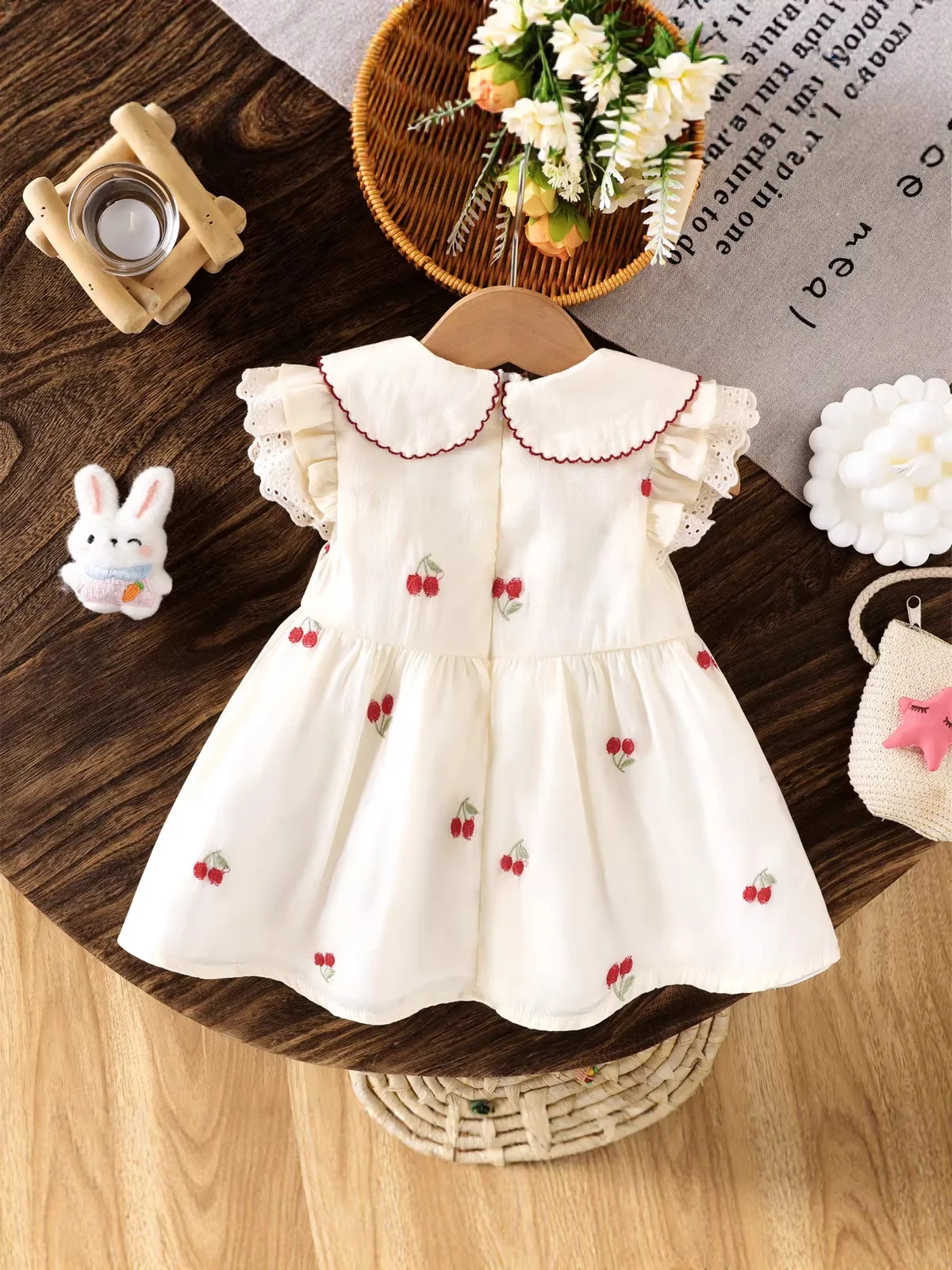 1-5Y Summer Pastorale Style Girls Dress Cherry Strawberry Embroidery Lace Peter Pan Collar Dress Soft Kids Clothes Daily