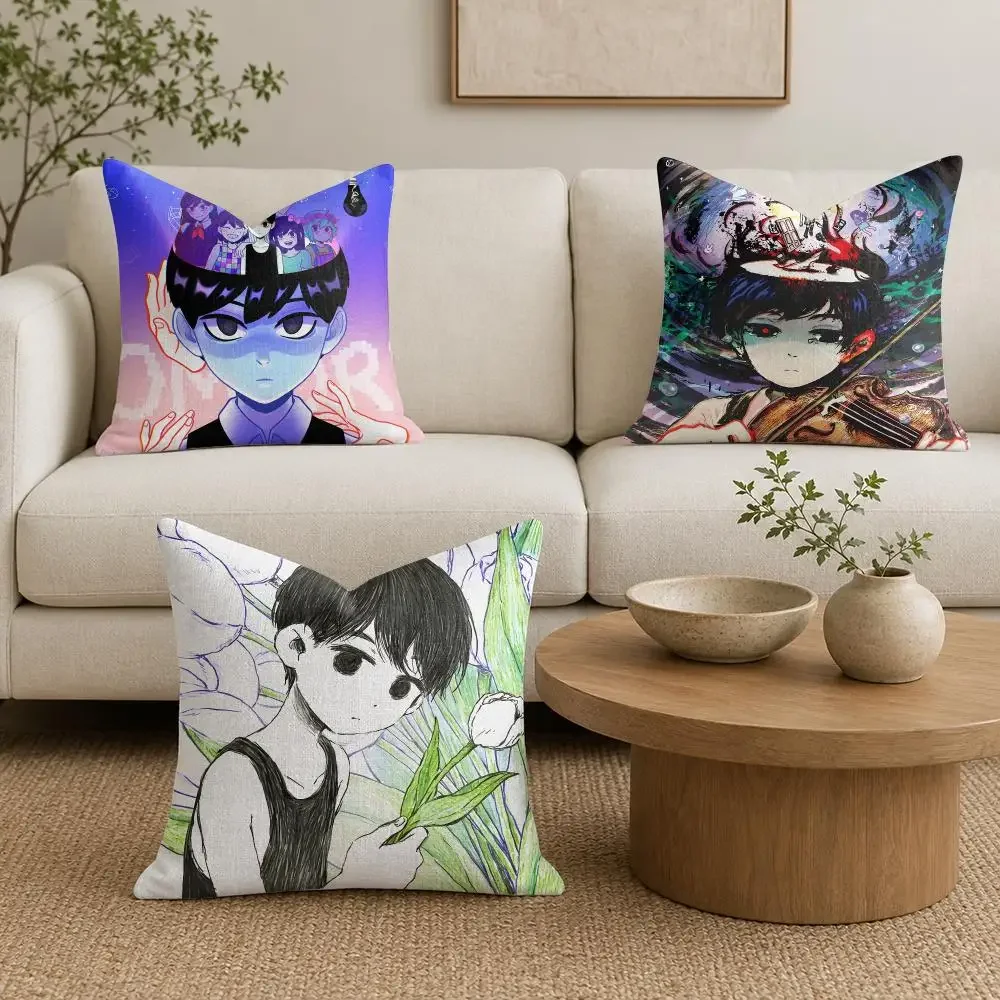 O-Omori Video Game Anime Retro Cushion Cover Organic Natural Linen Pillowcase with Double Sided Print for Sofa Home Decor Gift