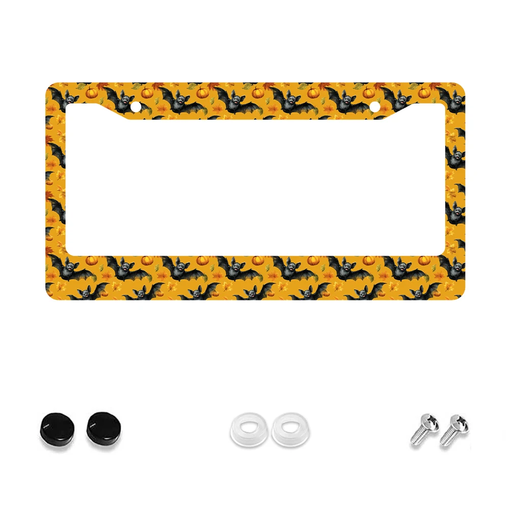 

1pc Yellow Bat Pumpkin Pattern 2-Hole License Plate Frame Aluminum Material 6x12 Inches with Screw Set Retro Novelty Car Decora