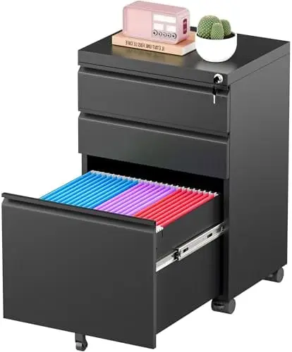 3 Drawer Mobile File Cabinet with Lock, Metal Filing Cabinet on Wheels, Under Desk File Cabinet for Home Office
