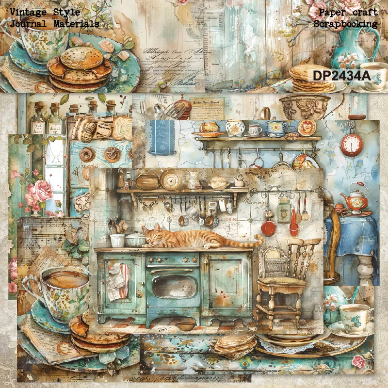 Vintage Rustic Kitchen Ginger Cat Baking Floral Old Script Collage Background Scrapbook Paper Junk Journal DIY Craft Cardmaking