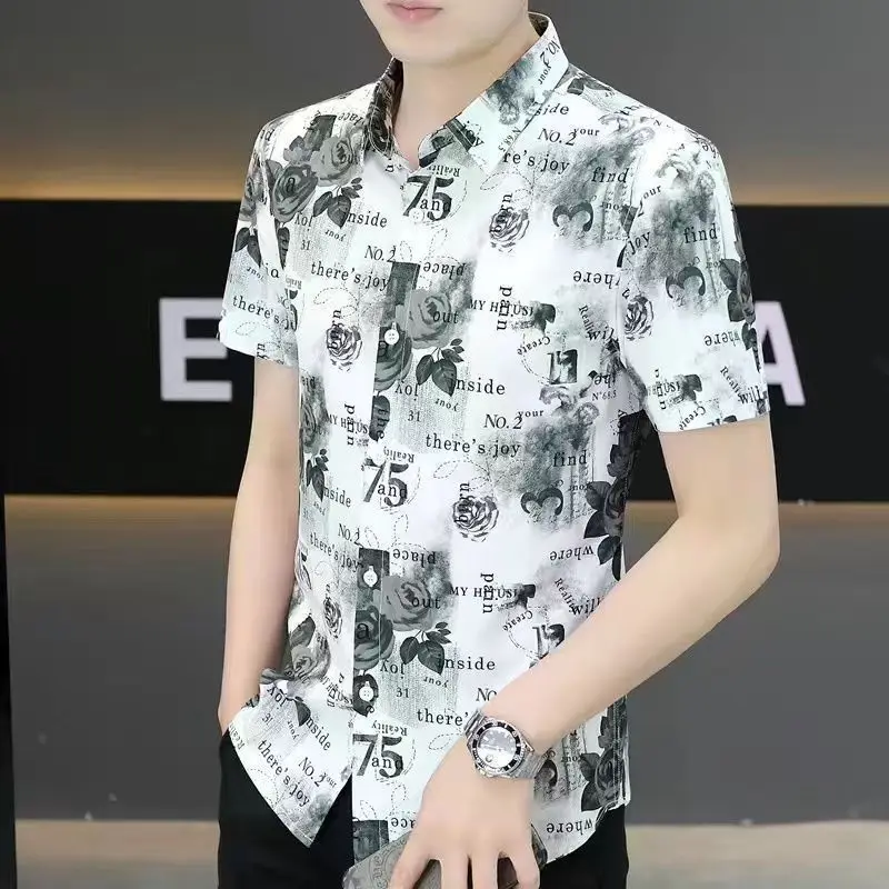 

Летняя мужская рубашка из ледяного шелка с короткими рукавами, модная красивая дюймовая одежда с короткими рукавами и принтом, мужская классическая рубашка