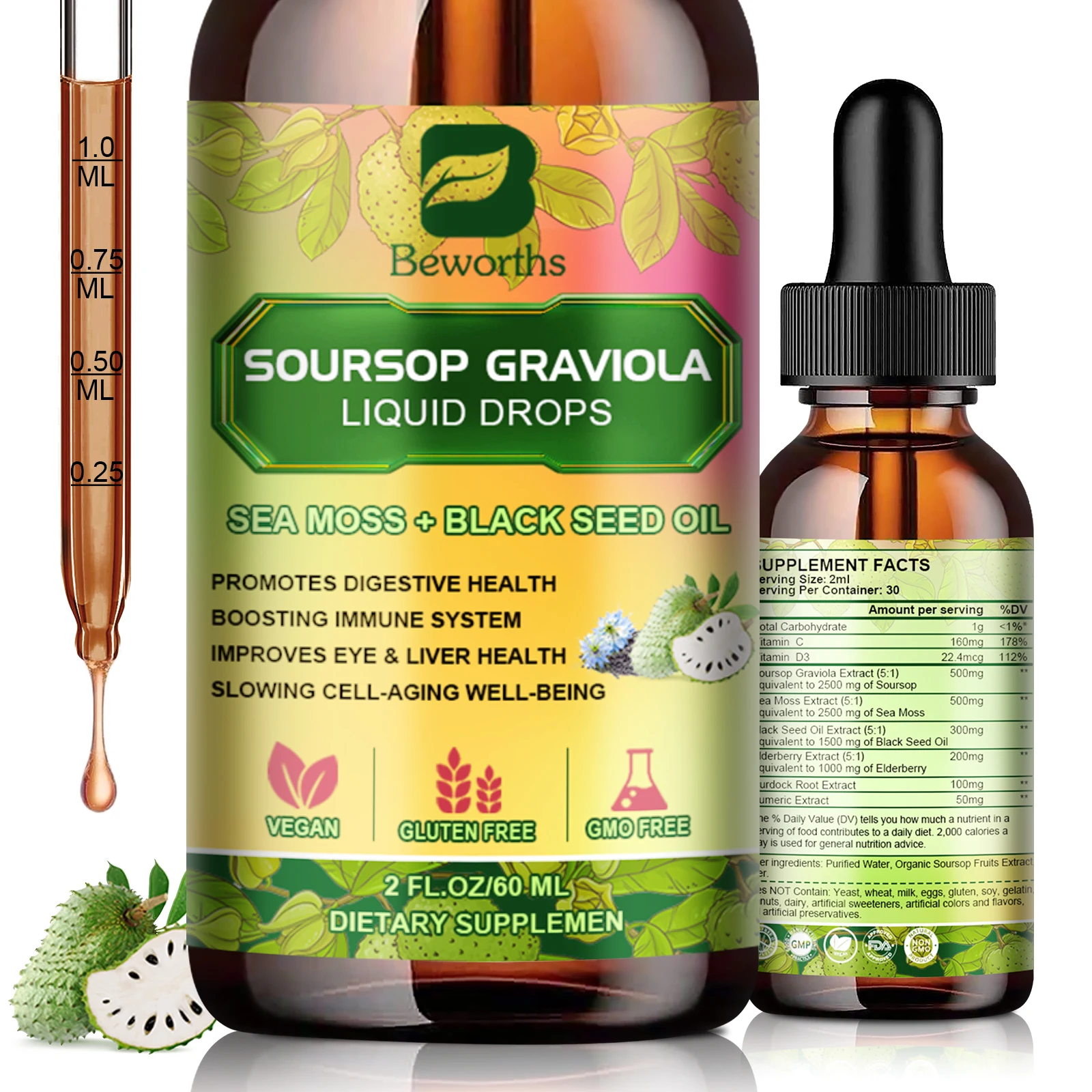 

BEWORTHS Soursop Bitters Drop Multivitamin Complex Support Antioxidant,Slowing Cell-Aging,Gut Cleanse,Detox & Immunity Health