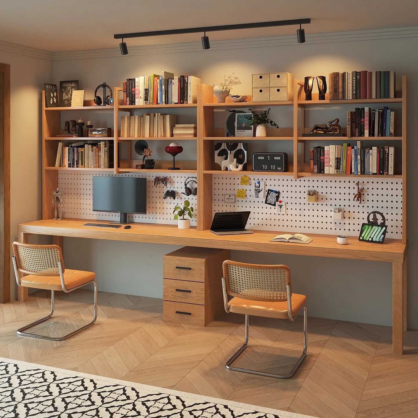 Pure solid wood desk against the wall, integrated bookshelf, double study table, simple home use
