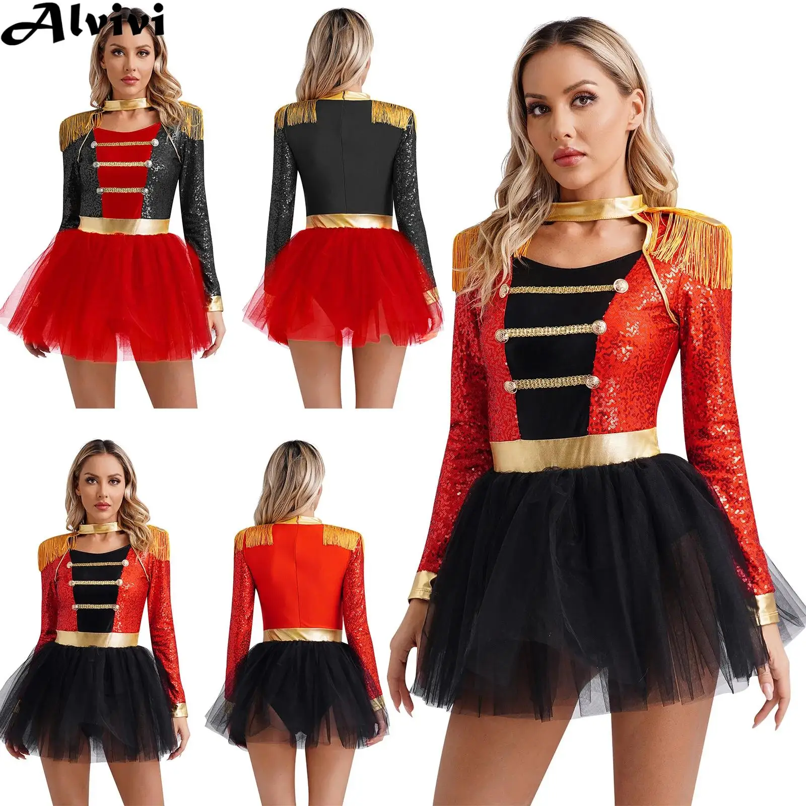 Women Long Sleeve Sequin Tulle Tutu Dance Leotard Dress Halloween Carnival Circus Ringmaster Magician Showman Cosplay Costume