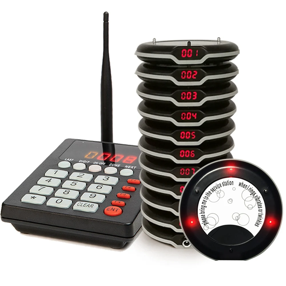 

Wireless Restaurant Paging System, 1 Transmitter & 10 Receivers, Customer Calling Device For Table Service With Vibration Alert