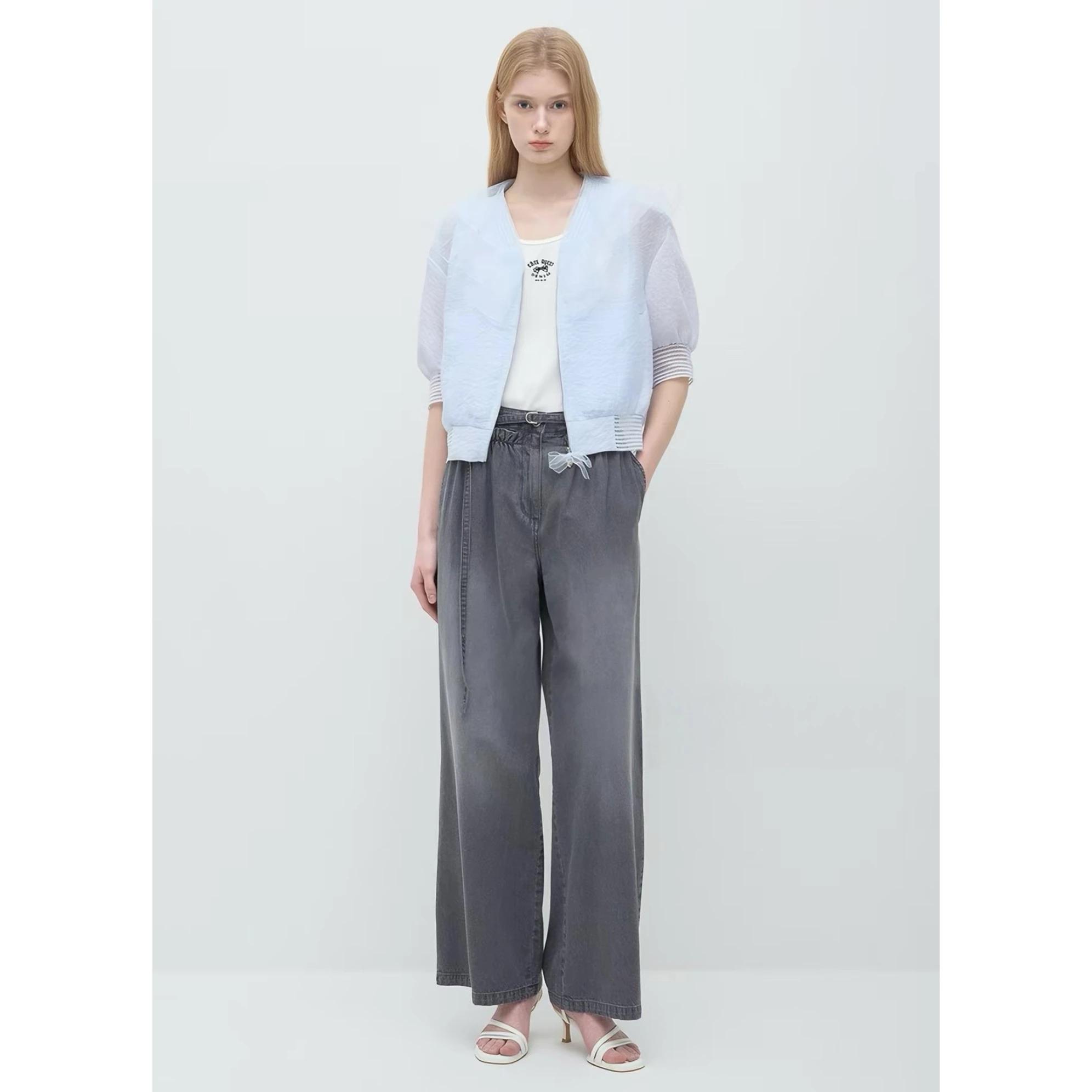 Lemon Cheese Fashionable Short Sleeve Shirt Summer 2026 Commute Style V-Neck Zipper Closure Bubble Sleeve Splice Chiffon Top